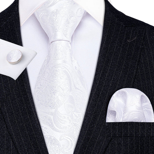 White Paisley Silk Tie, Pocket Square and Cufflinks Set tie sets    - Sophisticated Gentlemen