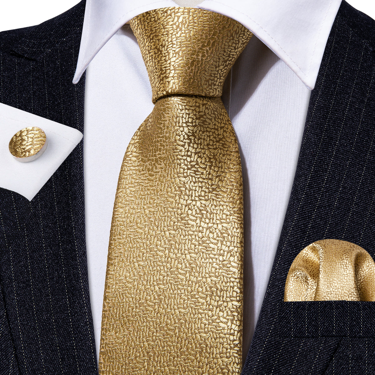 Gold Champagne Solid Tie, Pocket Square and Cufflinks Set tie sets    - Sophisticated Gentlemen