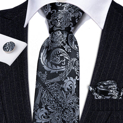 Black Gray Floral Tie, Pocket Square and Cufflinks Set tie sets    - Sophisticated Gentlemen