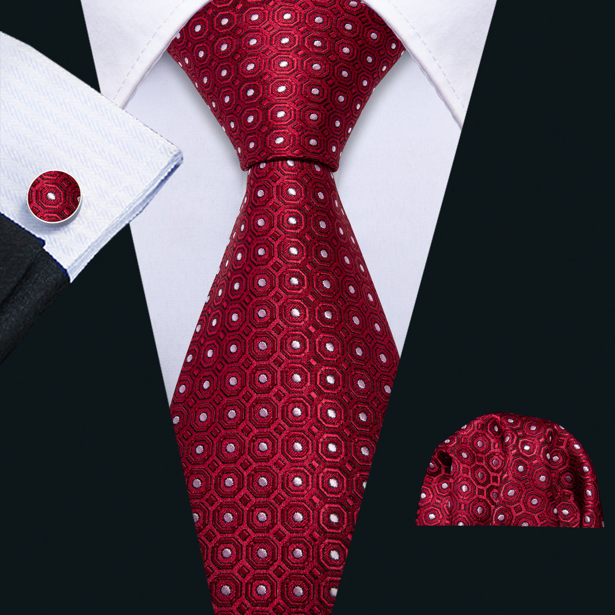 Red White Dot Silk Tie, Pocket Square and Cufflinks Set tie sets    - Sophisticated Gentlemen