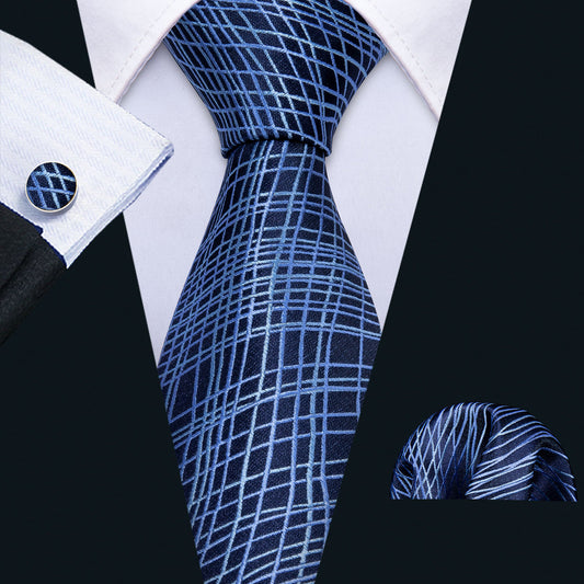 Dark Blue Novelty Silk Tie, Pocket Square and Cufflinks Set tie sets    - Sophisticated Gentlemen