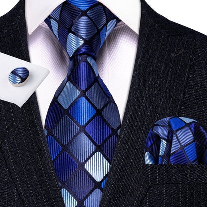 Navy Blue Plaid Silk Tie, Pocket Square and Cufflinks Set tie sets    - Sophisticated Gentlemen
