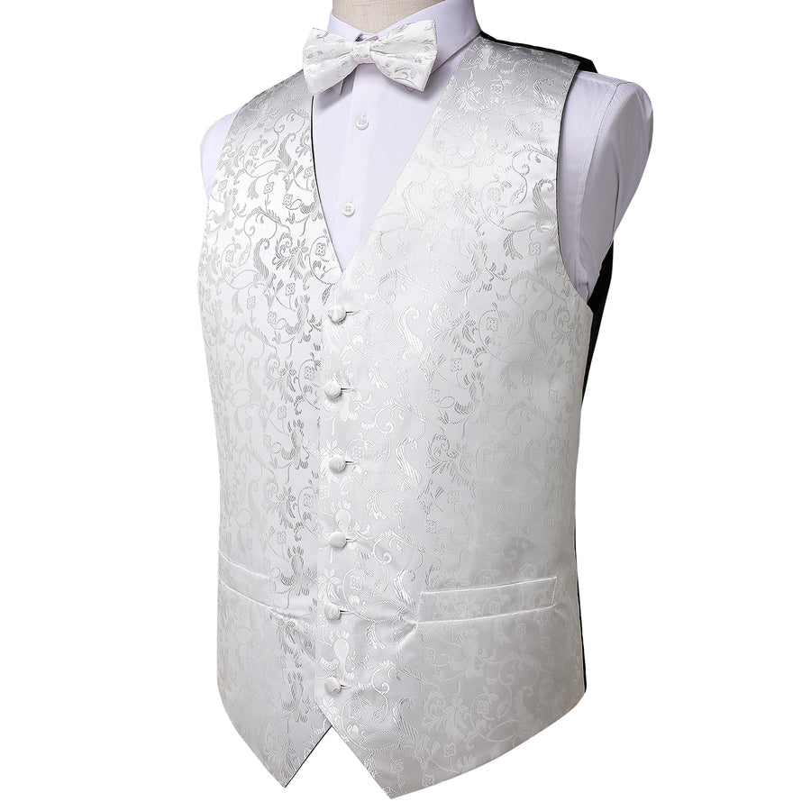 New Silver White Floral Silk Vest Set vest set    - Sophisticated Gentlemen