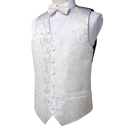 New Silver White Floral Silk Vest Set vest set    - Sophisticated Gentlemen