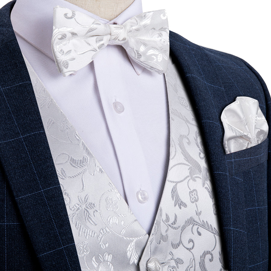New Silver White Floral Silk Vest Set vest set S (Chest 40")   - Sophisticated Gentlemen