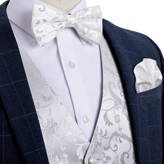 New Silver White Floral Silk Vest Set vest set S (Chest 40")   - Sophisticated Gentlemen