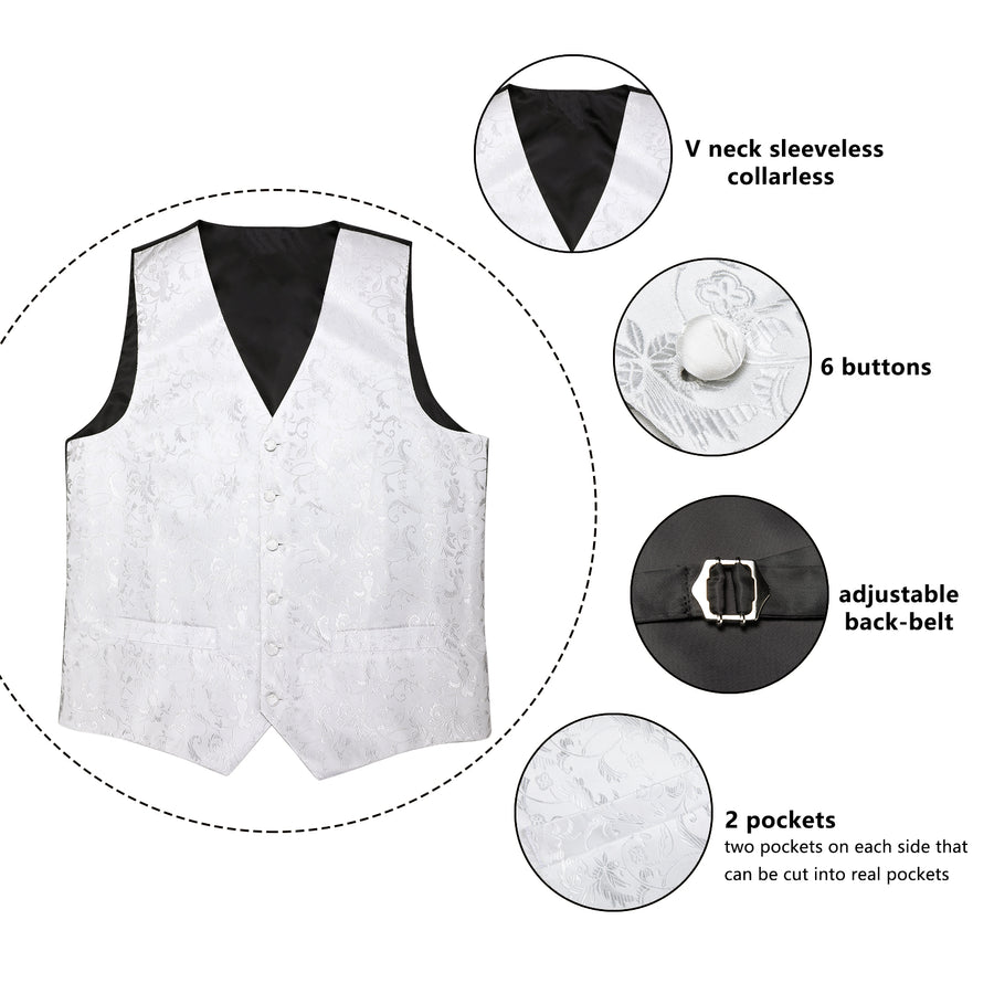 New Silver White Floral Silk Vest Set vest set    - Sophisticated Gentlemen