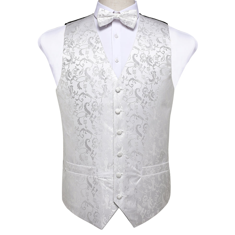 New Silver White Floral Silk Vest Set vest set    - Sophisticated Gentlemen