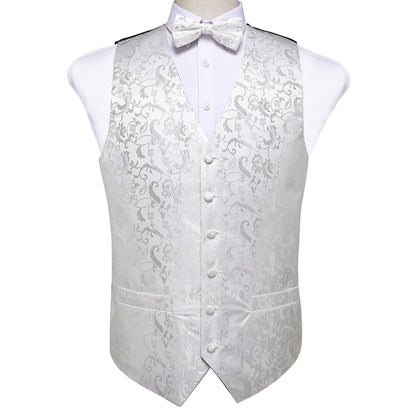 New Silver White Floral Silk Vest Set vest set    - Sophisticated Gentlemen