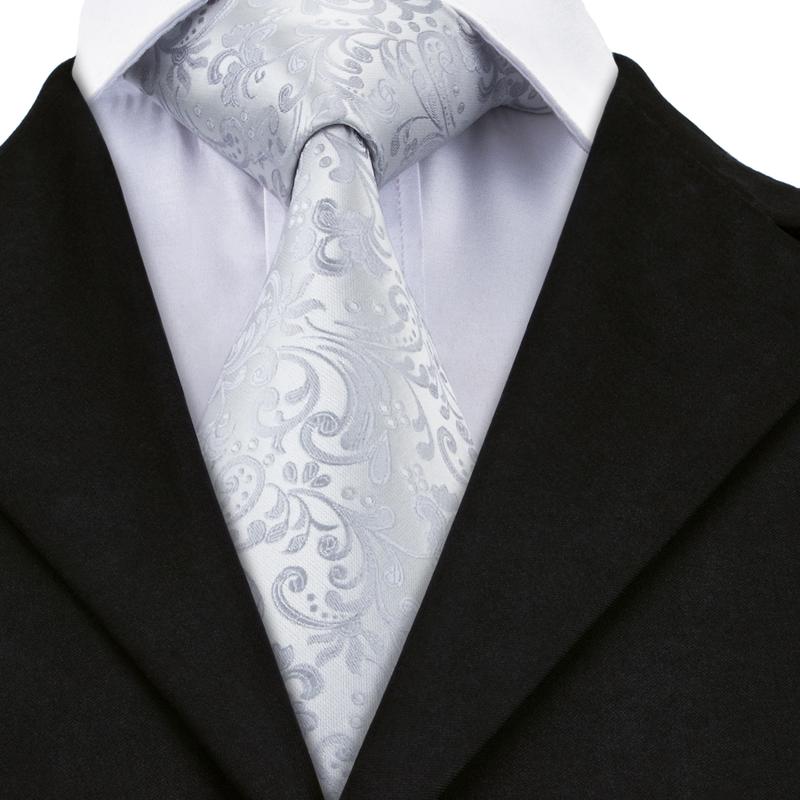 Silver Floral Silk XL Tie, Pocket Square and Cufflinks tie sets    - Sophisticated Gentlemen