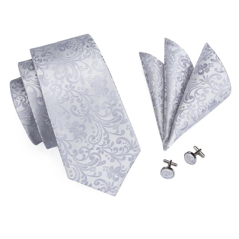 Silver Floral Silk XL Tie, Pocket Square and Cufflinks tie sets    - Sophisticated Gentlemen