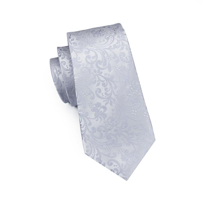 Silver Floral Silk XL Tie, Pocket Square and Cufflinks tie sets    - Sophisticated Gentlemen