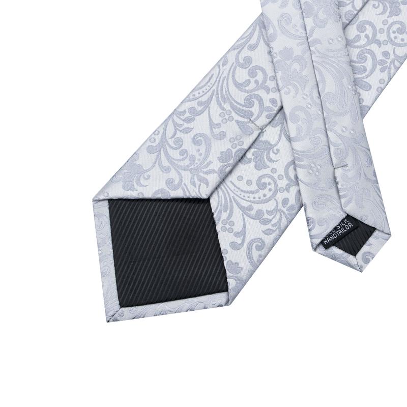 Silver Floral Silk XL Tie, Pocket Square and Cufflinks tie sets    - Sophisticated Gentlemen