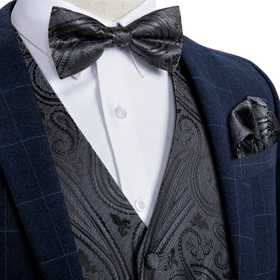 Coal Noir Paisley Silk Vest Set vest set S (Chest 40")   - Sophisticated Gentlemen