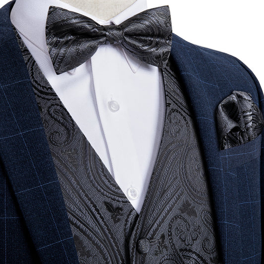 Coal Noir Paisley Silk Vest Set vest set S (Chest 40")   - Sophisticated Gentlemen