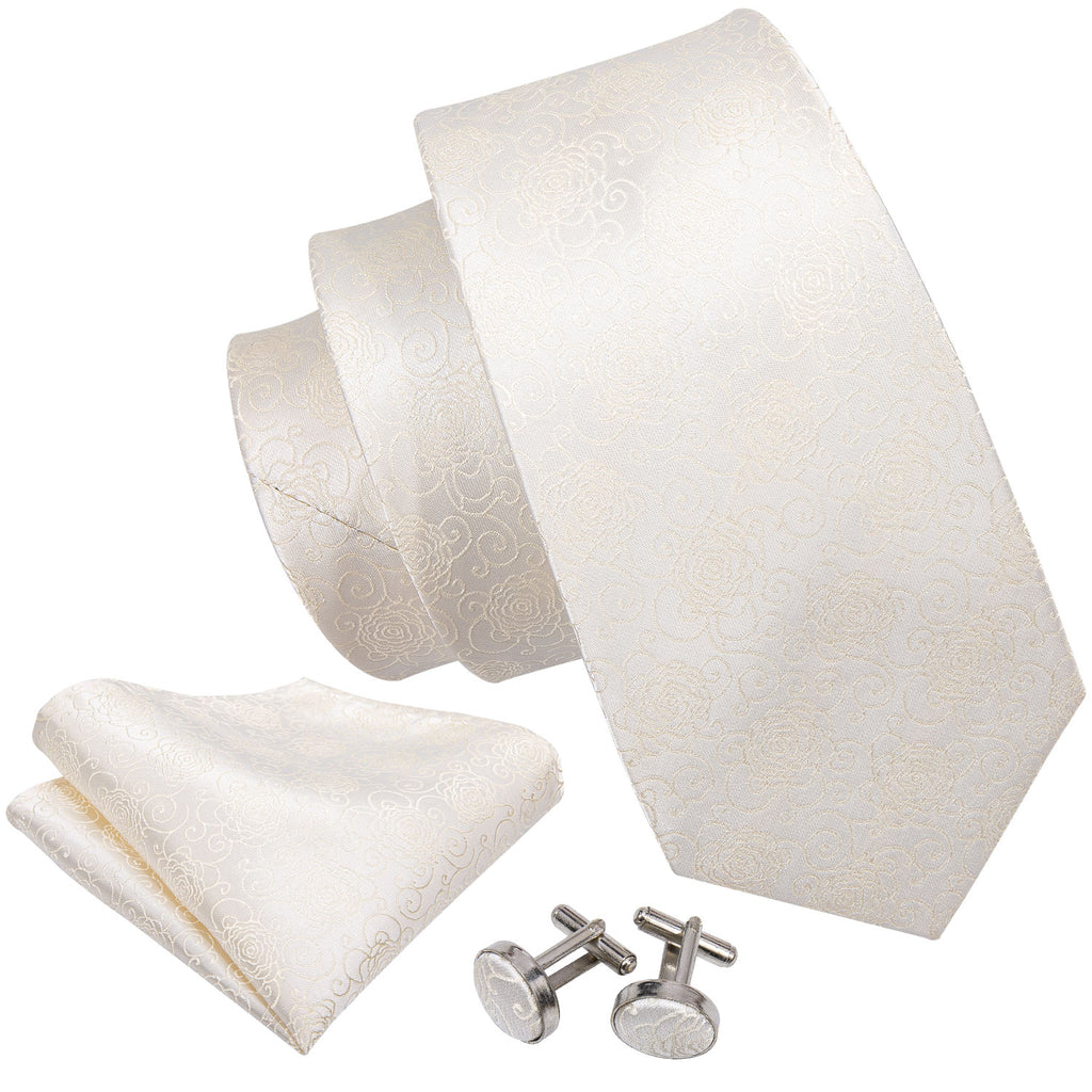 Champagne Beige Floral Silk Tie, Pocket Square and Cufflinks Set tie sets    - Sophisticated Gentlemen