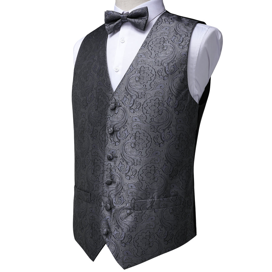 New Silver Black Floral Silk Vest Set vest set    - Sophisticated Gentlemen