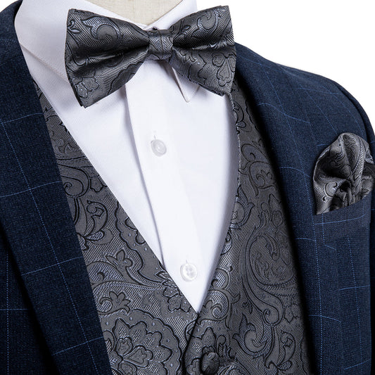 New Silver Black Floral Silk Vest Set vest set S (Chest 40")   - Sophisticated Gentlemen