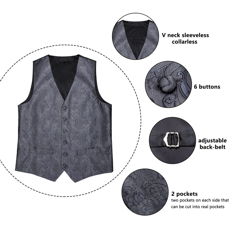 New Silver Black Floral Silk Vest Set vest set    - Sophisticated Gentlemen