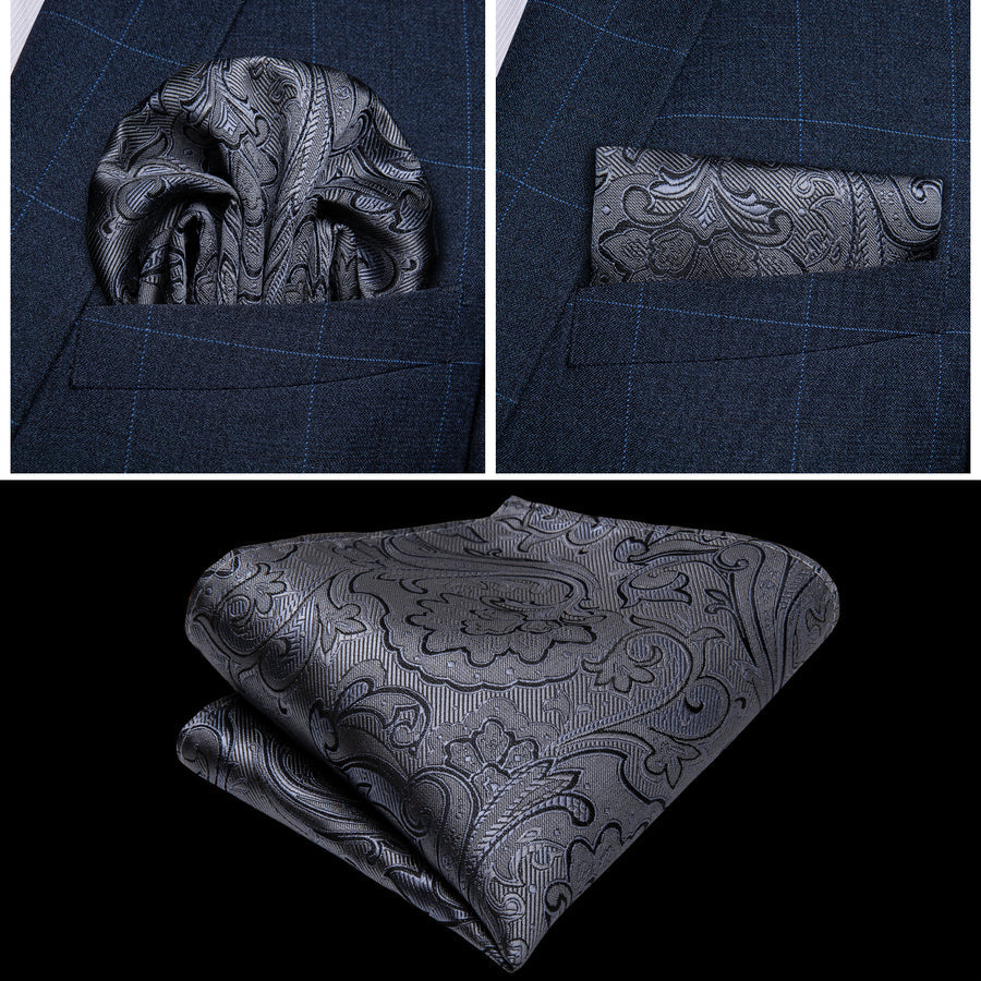 New Silver Black Floral Silk Vest Set vest set    - Sophisticated Gentlemen