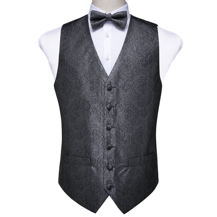 New Silver Black Floral Silk Vest Set vest set    - Sophisticated Gentlemen