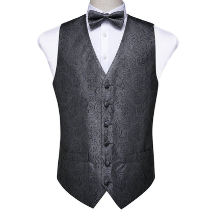 New Silver Black Floral Silk Vest Set vest set    - Sophisticated Gentlemen
