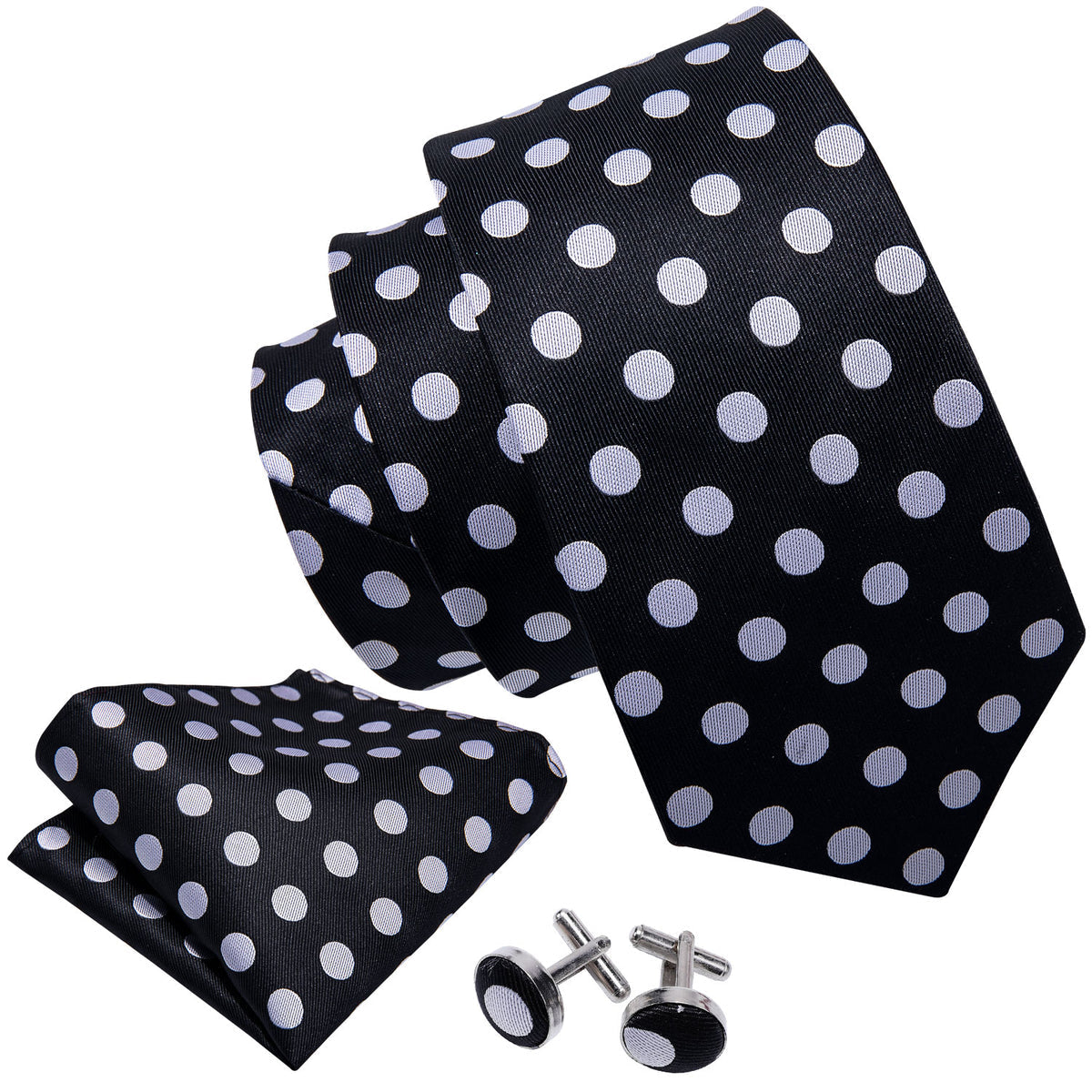Black Silver Polka Dot Tie, Pocket Square and Cufflinks Set tie sets    - Sophisticated Gentlemen