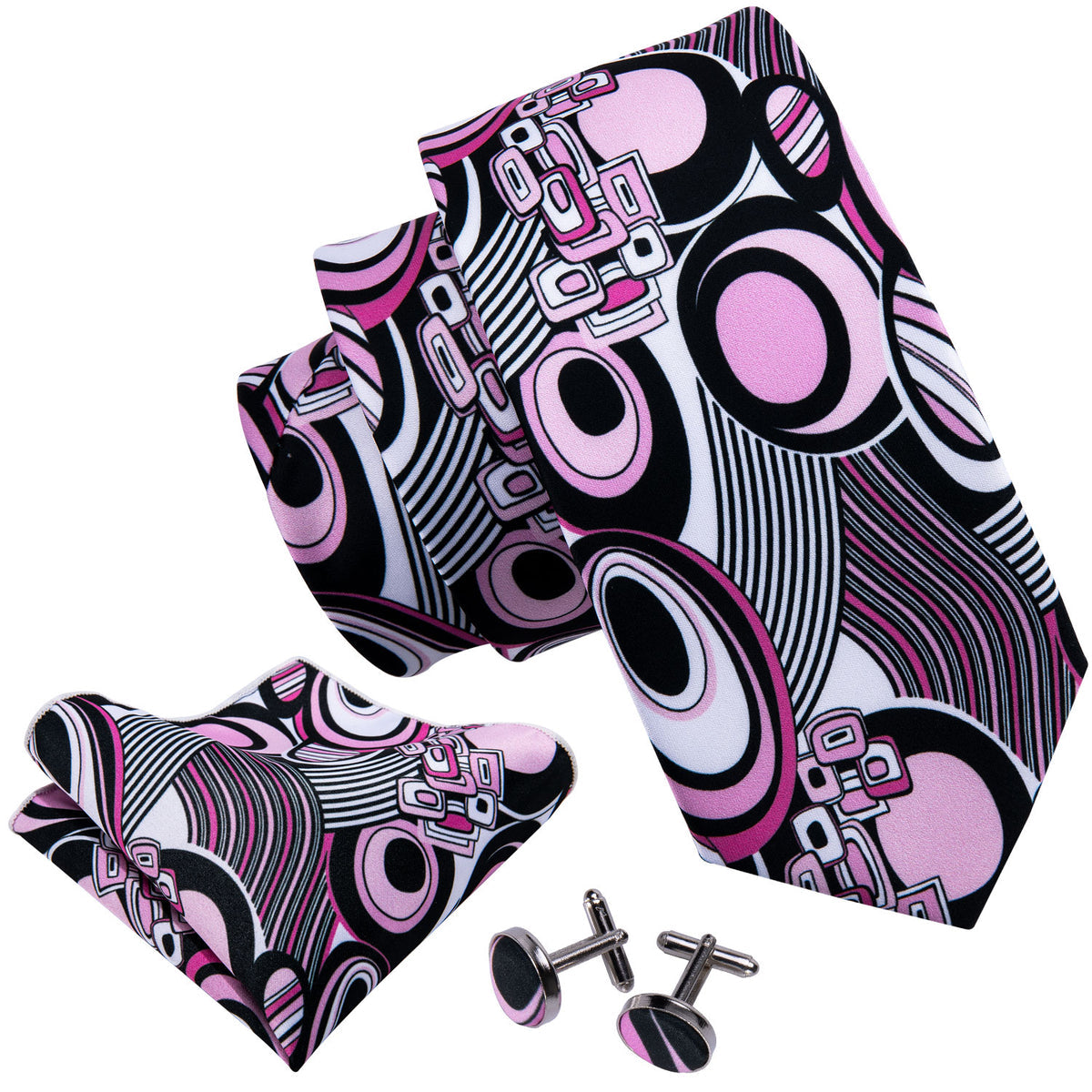 Black Pink Novelty Silk Tie, Pocket Square and Cufflinks Set tie sets    - Sophisticated Gentlemen