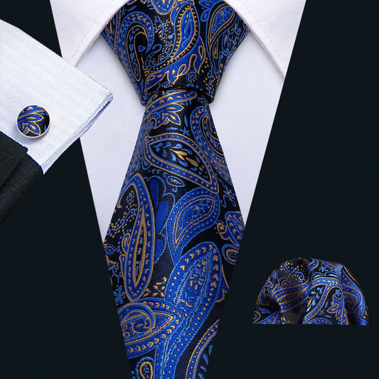 Blue Yellow Paisley Tie, Pocket Square and Cufflinks Set tie sets    - Sophisticated Gentlemen