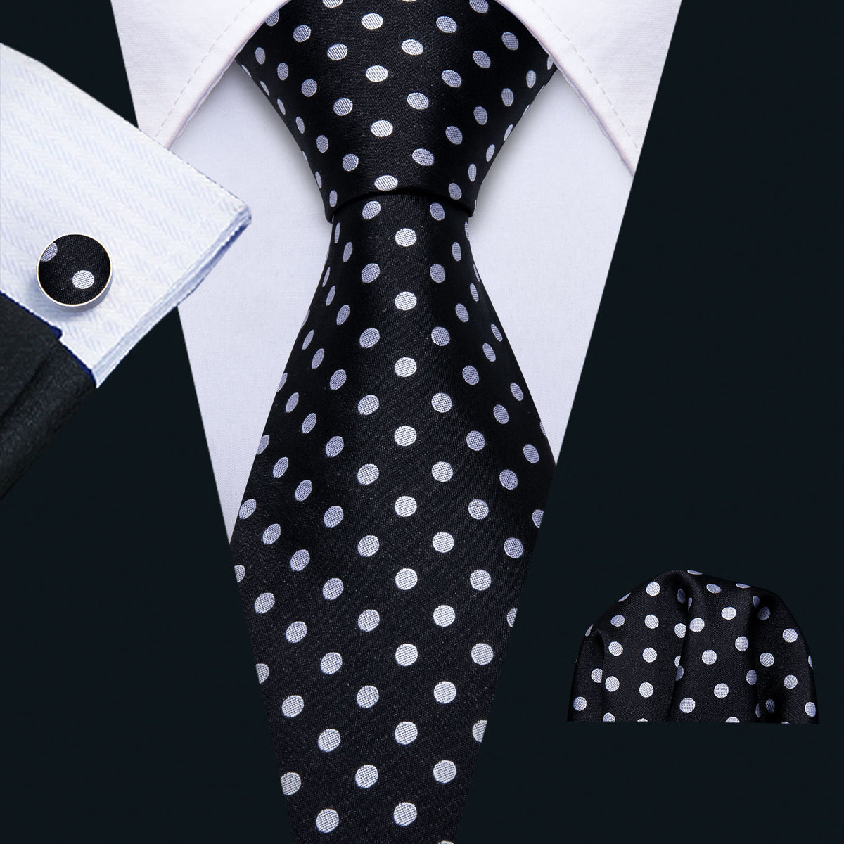 Black White Polka Dot Tie, Pocket Square and Cufflinks Set tie sets    - Sophisticated Gentlemen