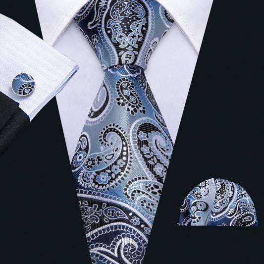 Blue Black Paisley Tie, Pocket Square and Cufflinks Set tie sets    - Sophisticated Gentlemen