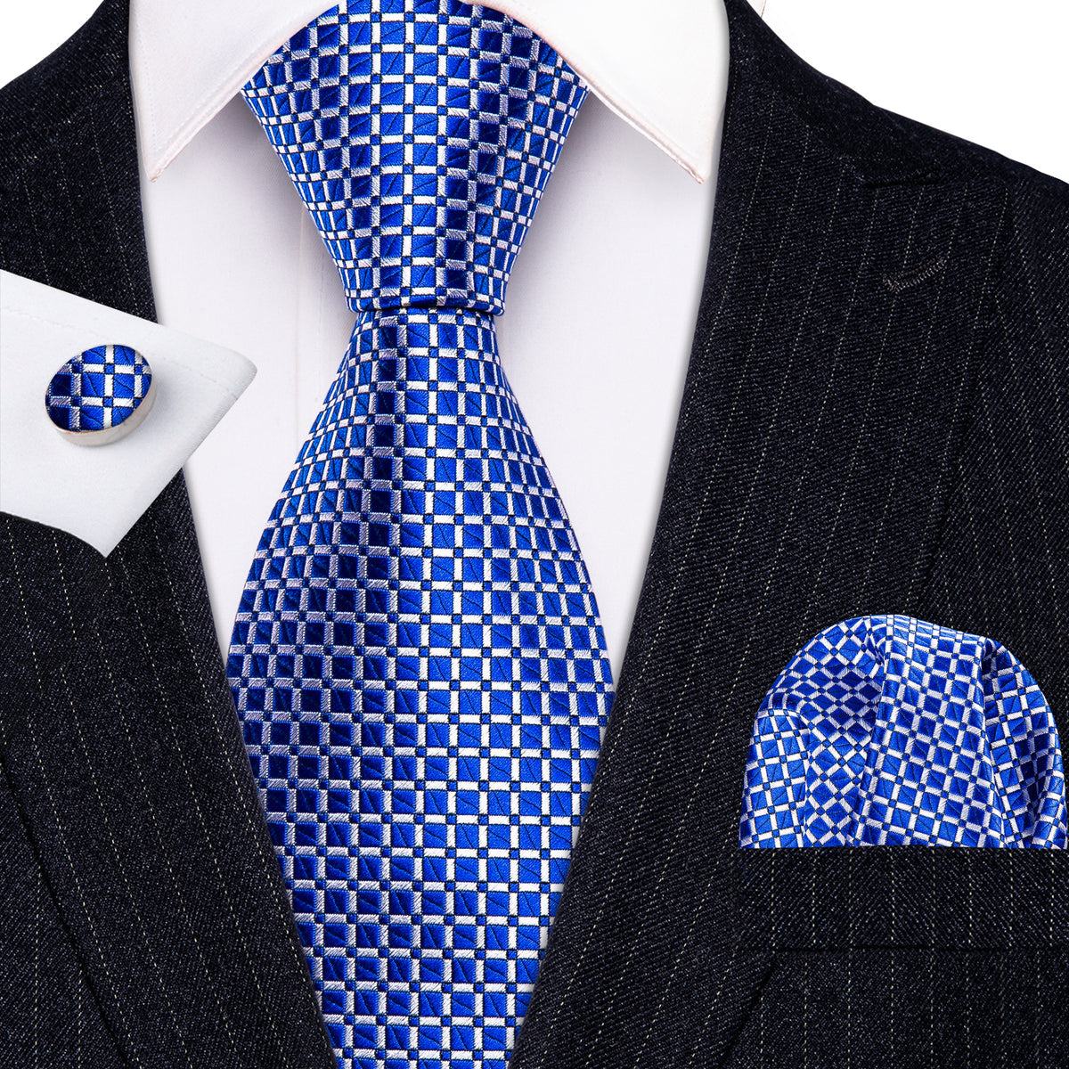Blue Plaid Tie, Pocket Square and Cufflinks Set tie sets    - Sophisticated Gentlemen