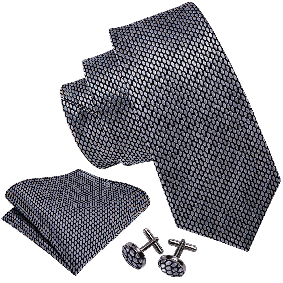 Gray Geometric Plaid Tie, Pocket Square and Cufflinks Set tie sets    - Sophisticated Gentlemen