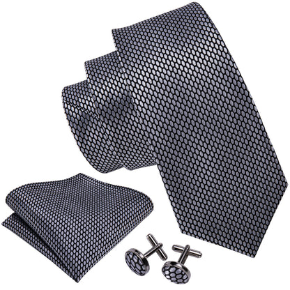 Gray Geometric Plaid Tie, Pocket Square and Cufflinks Set tie sets    - Sophisticated Gentlemen