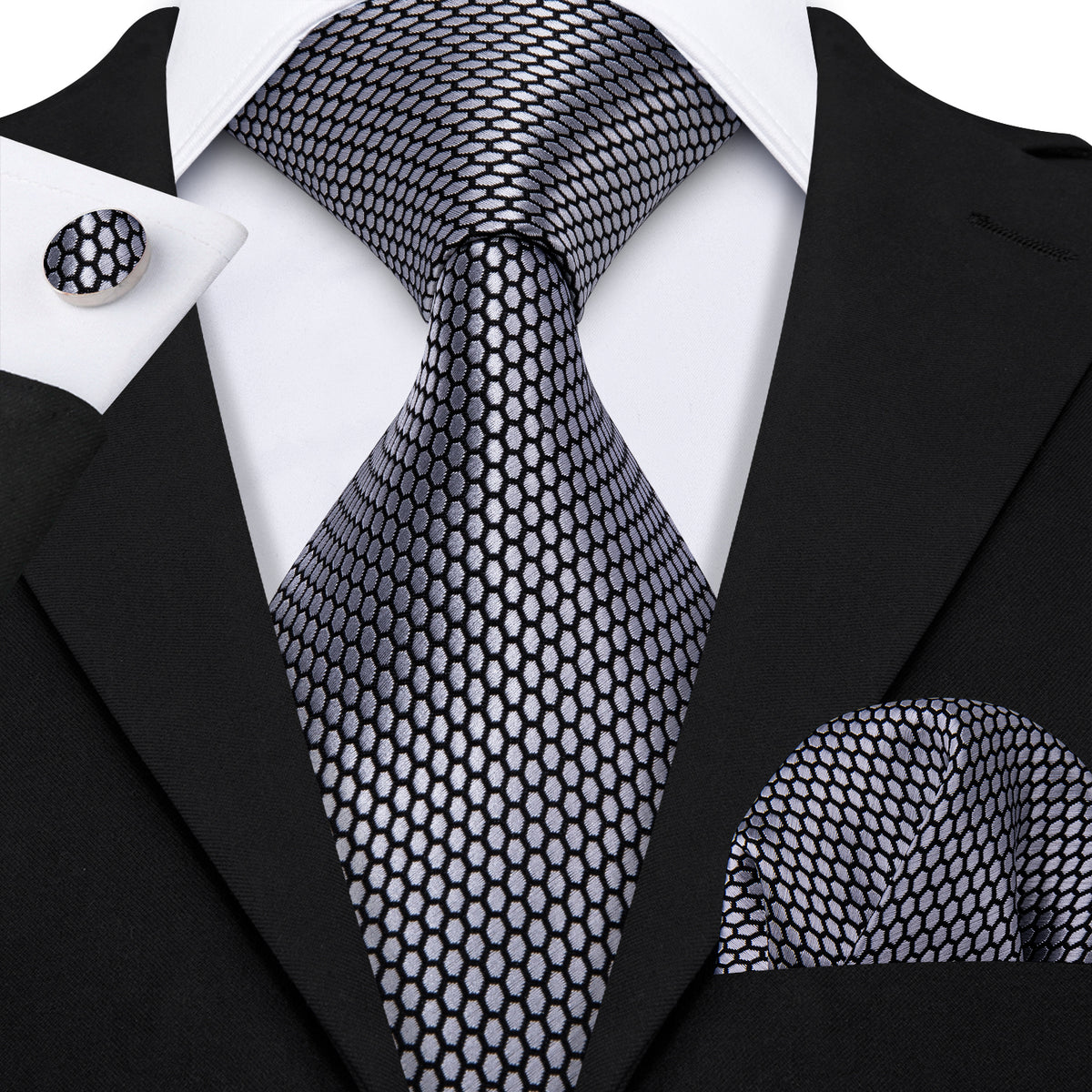 Gray Geometric Plaid Tie, Pocket Square and Cufflinks Set tie sets    - Sophisticated Gentlemen