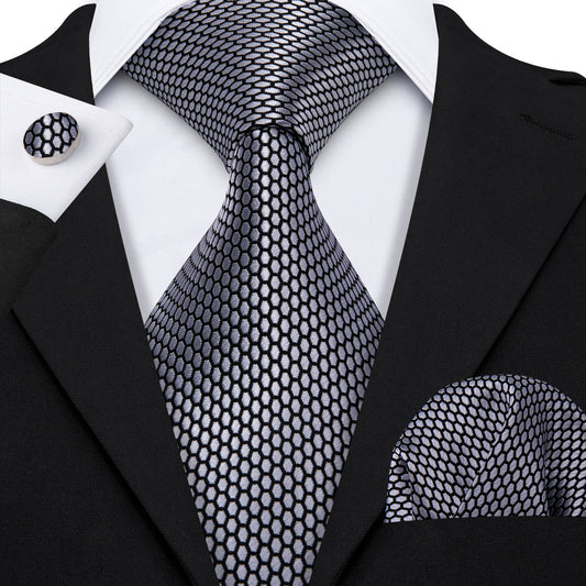 Gray Geometric Plaid Tie, Pocket Square and Cufflinks Set tie sets    - Sophisticated Gentlemen