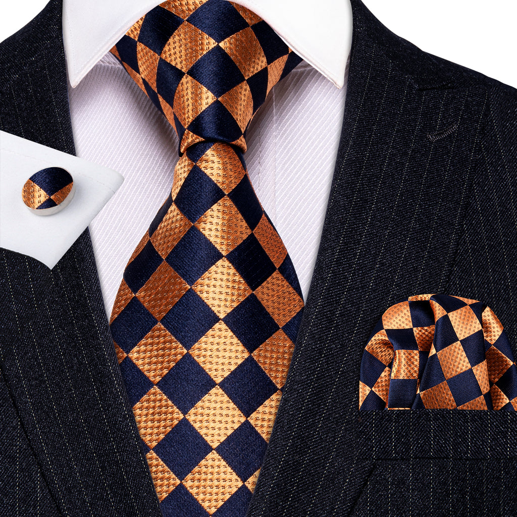 Orange Navy Blue Checkered Tie, Pocket Square and Cufflinks Set tie sets    - Sophisticated Gentlemen
