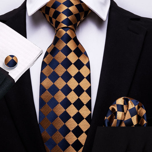 Orange Navy Blue Checkered Tie, Pocket Square and Cufflinks Set tie sets    - Sophisticated Gentlemen