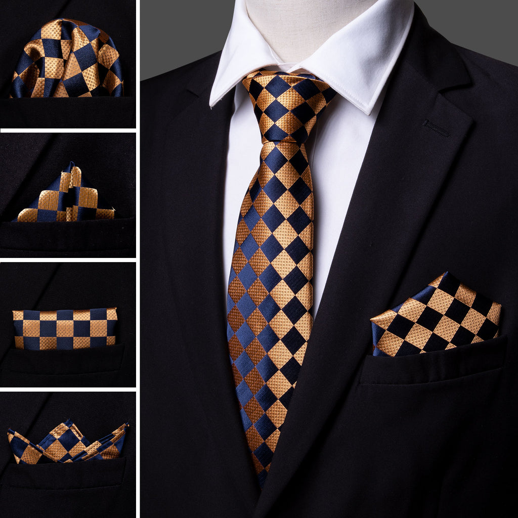 Orange Navy Blue Checkered Tie, Pocket Square and Cufflinks Set tie sets    - Sophisticated Gentlemen