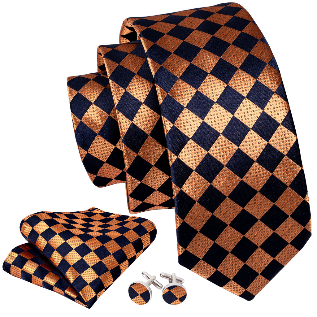 Orange Navy Blue Checkered Tie, Pocket Square and Cufflinks Set tie sets    - Sophisticated Gentlemen