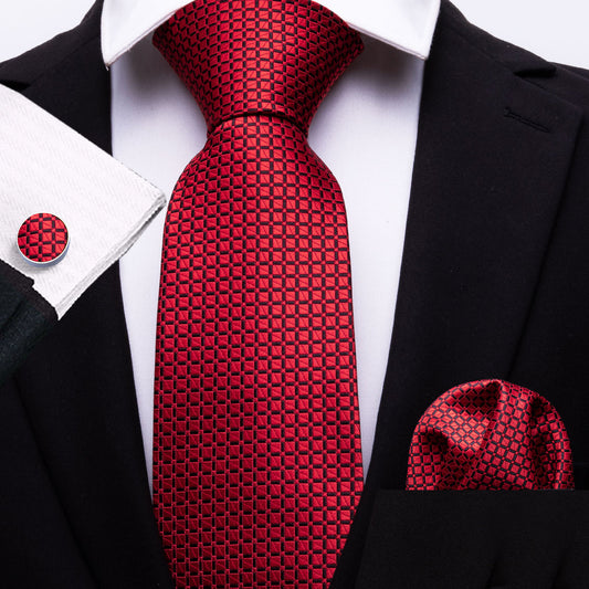 Red Plaid Tie, Pocket Square and Cufflinks Set tie sets    - Sophisticated Gentlemen