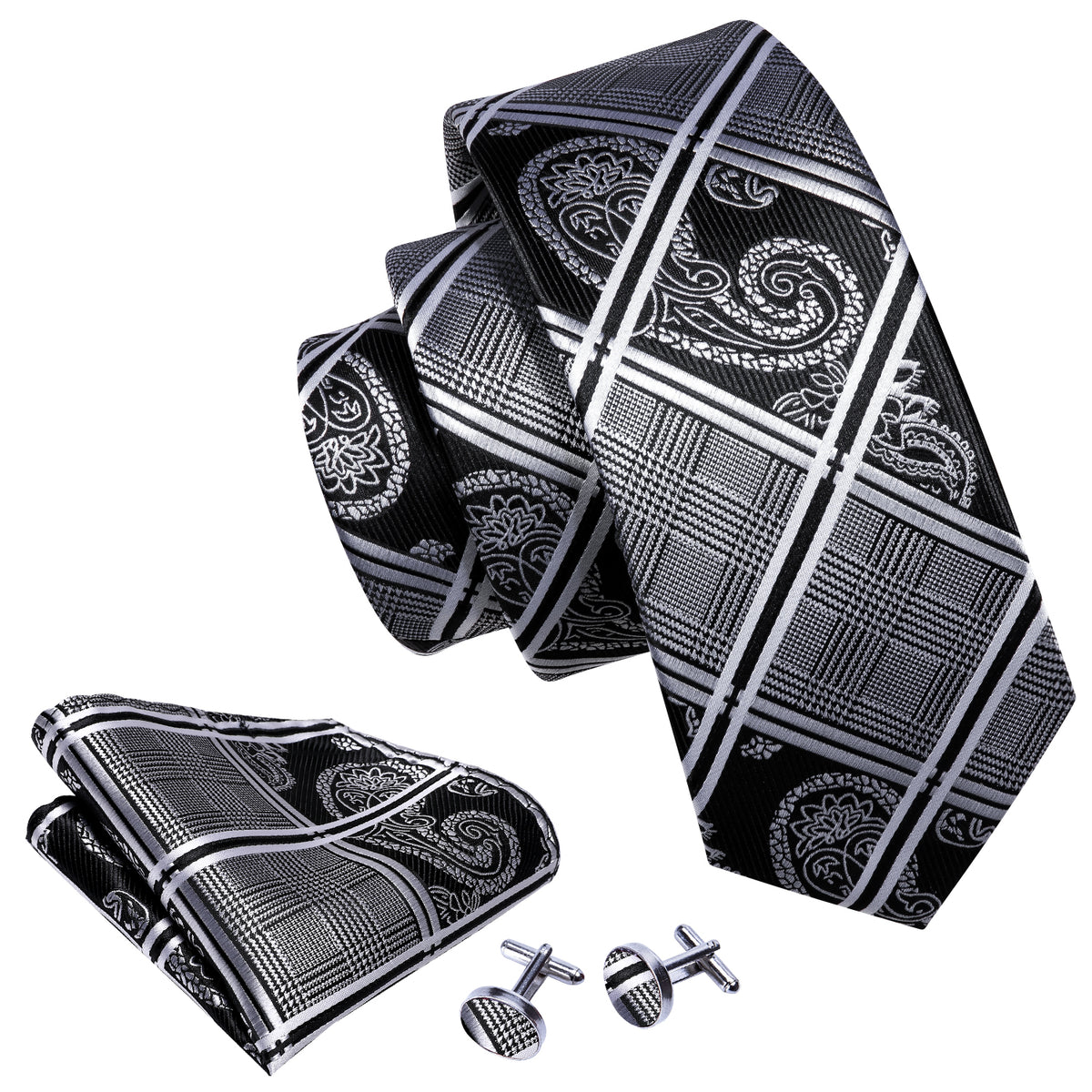 Black Gray Plaid Tie, Pocket Square and Cufflinks Set tie sets    - Sophisticated Gentlemen