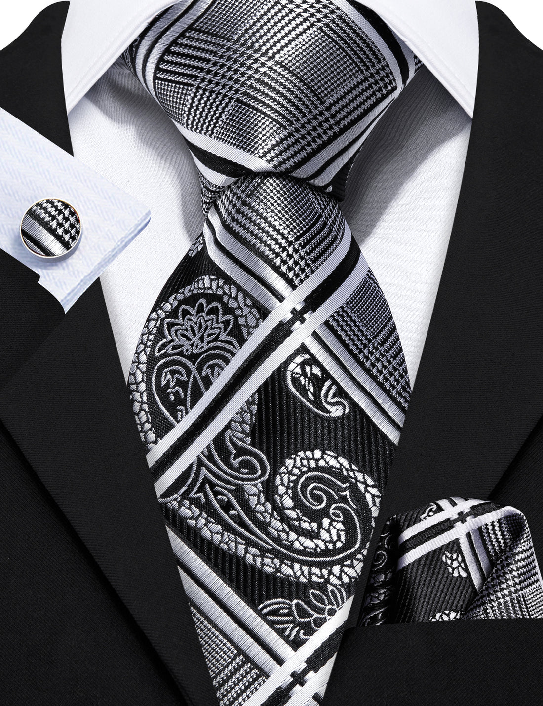Black Gray Plaid Tie, Pocket Square and Cufflinks Set tie sets    - Sophisticated Gentlemen