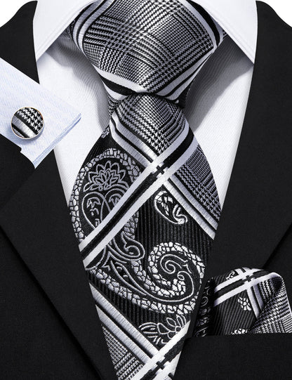 Black Gray Plaid Tie, Pocket Square and Cufflinks Set tie sets    - Sophisticated Gentlemen