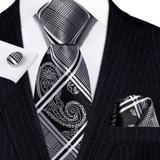 Black Gray Plaid Tie, Pocket Square and Cufflinks Set tie sets    - Sophisticated Gentlemen