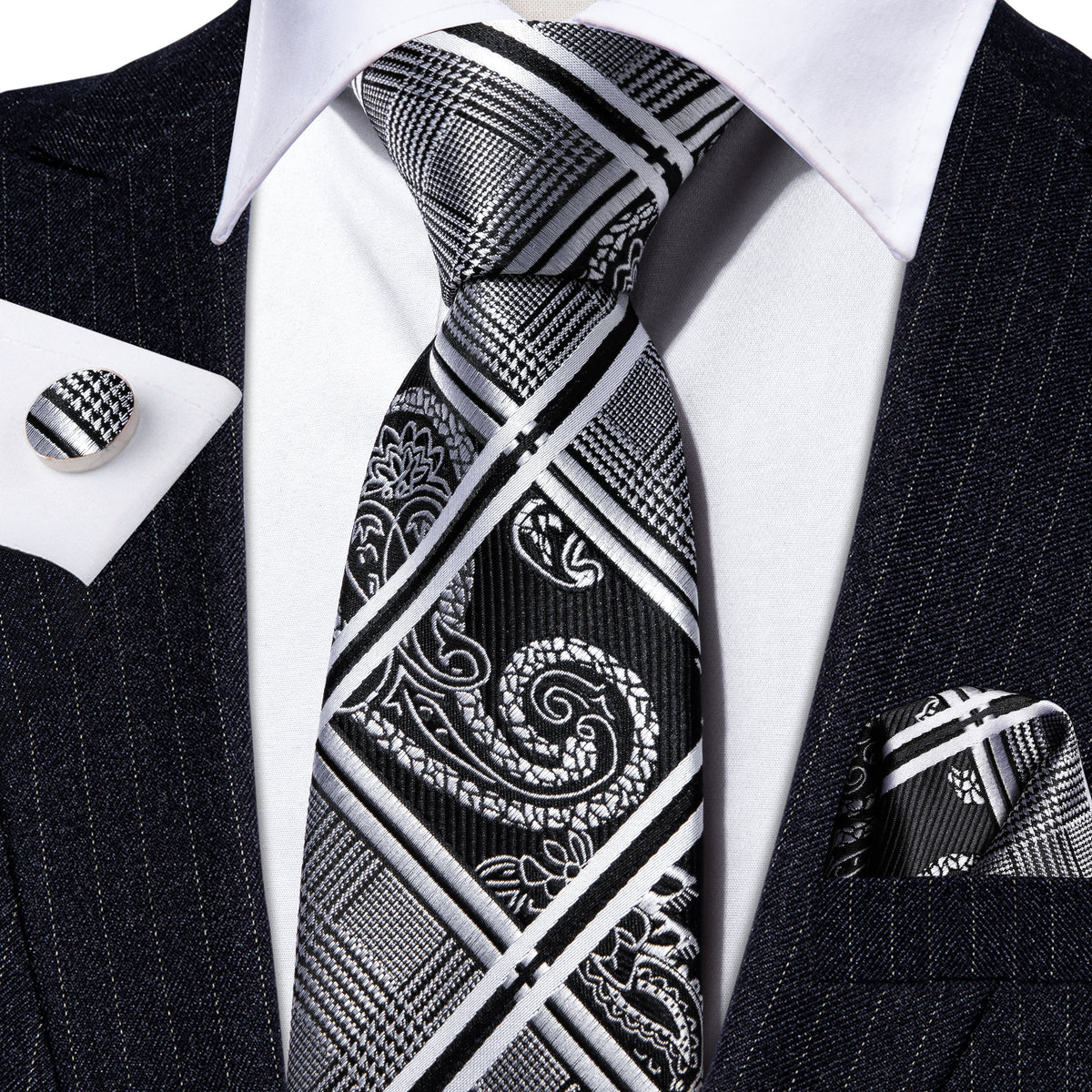 Black Gray Plaid Tie, Pocket Square and Cufflinks Set tie sets    - Sophisticated Gentlemen