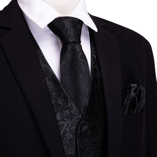 Black Paisley Luxury Silk Vest Set vest set S (Chest 40")   - Sophisticated Gentlemen