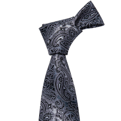 Black Gray Paisley Silk Tie, Pocket Square and Cufflinks Set tie sets    - Sophisticated Gentlemen