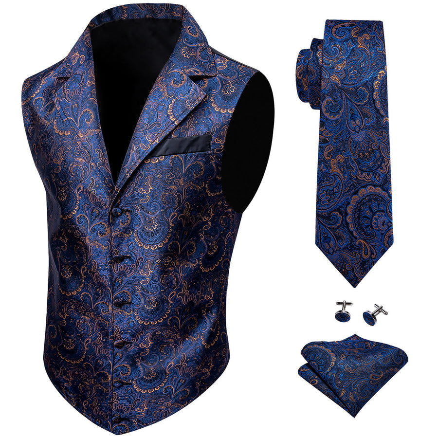 Navy Blue Paisley Jacquard Men's Collar Victorian Vest Set vest set S (Chest 40")   - Sophisticated Gentlemen