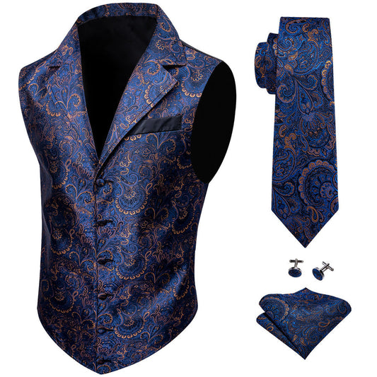 Navy Blue Paisley Jacquard Men's Collar Victorian Vest Set vest set S (Chest 40")   - Sophisticated Gentlemen